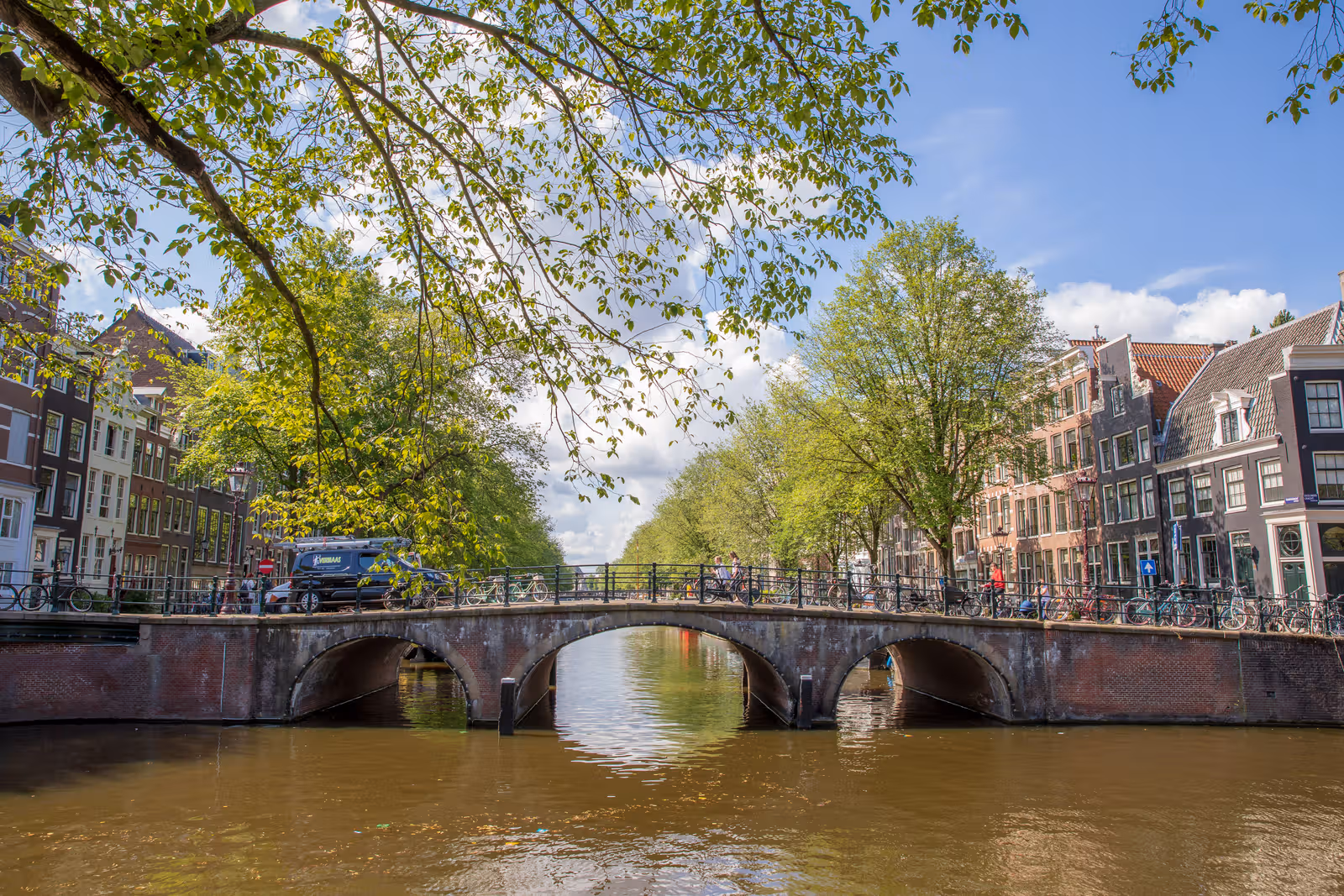 Grachtbrug met bomen