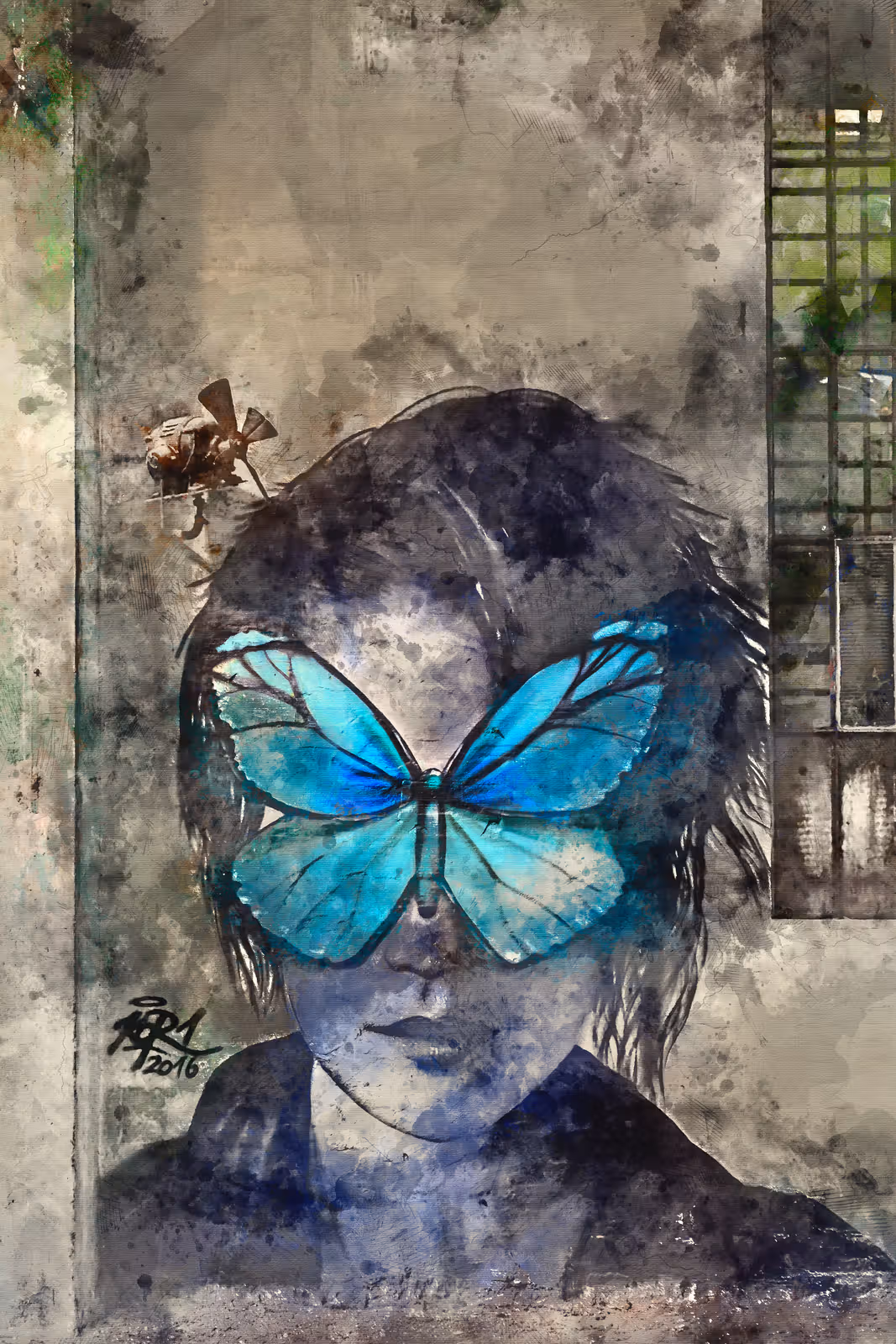 Portret met blauwe vlinder